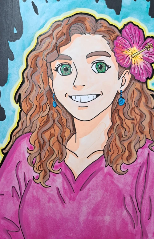 Amandine illustratrice mix média As de Lune Création, autoportrait illustré aquarelle et feutre