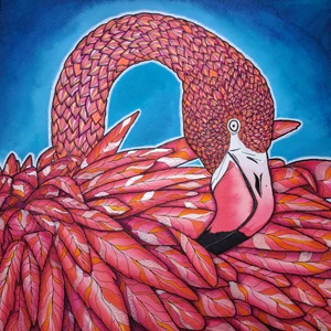 Flamant rose aquarelle, illustration originale encre colorex et feutre noir, As de Lune Création