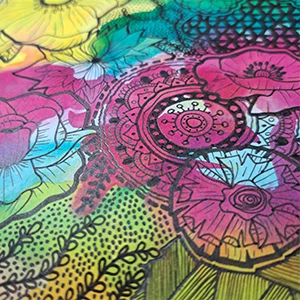 Illustration fleurs graphiques encre colorex et feutre noir, zentangle et pointillisme couleurs vives, atelier dessins expérimentations As de Lune Création