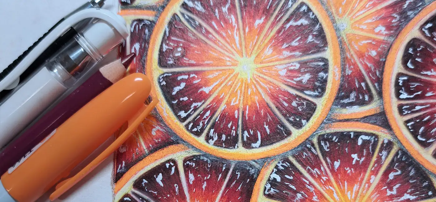 Oranges sanguines en gros plan illustration feutres acryliques, couleurs intenses rouges bordeaux orangés