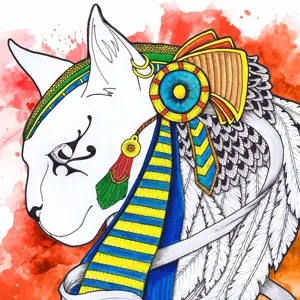 Illustration originale Bastet déesse chat égyptienne, feutres à alcool et feutre noir, As de Lune Création