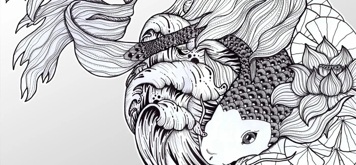 Gros plan illustration Carpe Koï feutre noir, écailles zentangle nageoires ondulantes et fleurs de lotus