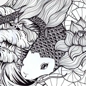 Illustration originale Carpe Koï au feutre noir, écailles et motifs zentangle, As de Lune Création