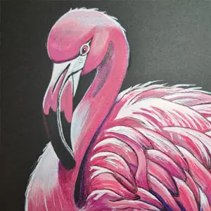 Flamant rose feutres acryliques sur papier noir, tons rose fuchsia et mauve, atelier dessins expérimentations As de Lune Création