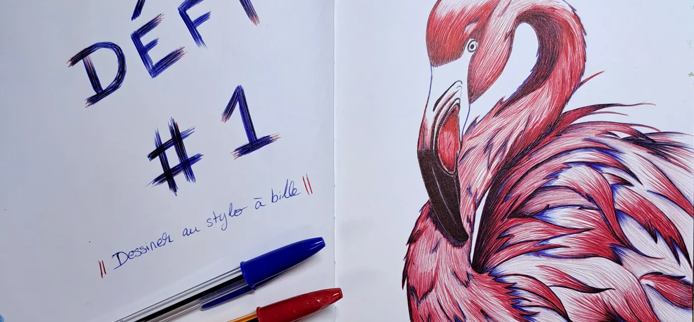 Défi atelier dessin flamant rose au stylo bille, carnet ouvert avec stylos bille rouge et bleu, As de Lune Création