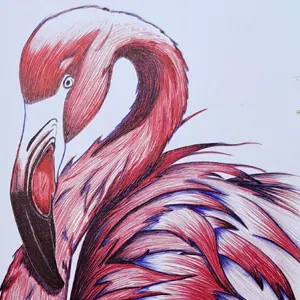 Dessins flamant rose au stylo bille rouge et bleu, défi atelier dessins expérimentations As de Lune Création