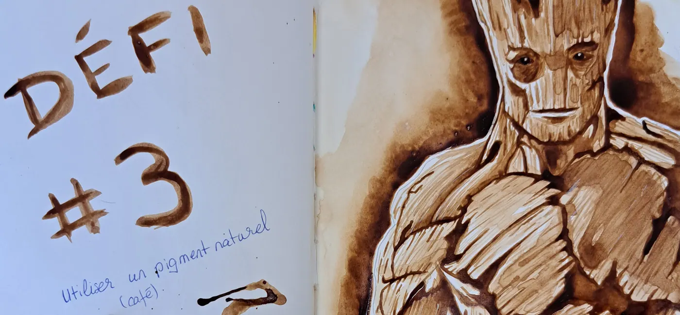 Défi atelier fan art Groot peint au café, carnet ouvert lavis pigment naturel tons bruns, As de Lune Création