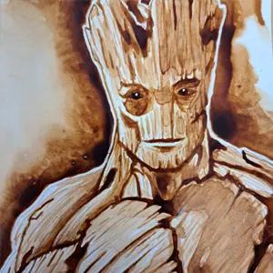 Fan art customisations Groot Guardians of the Galaxy peint au café, pigment naturel lavis, As de Lune Création