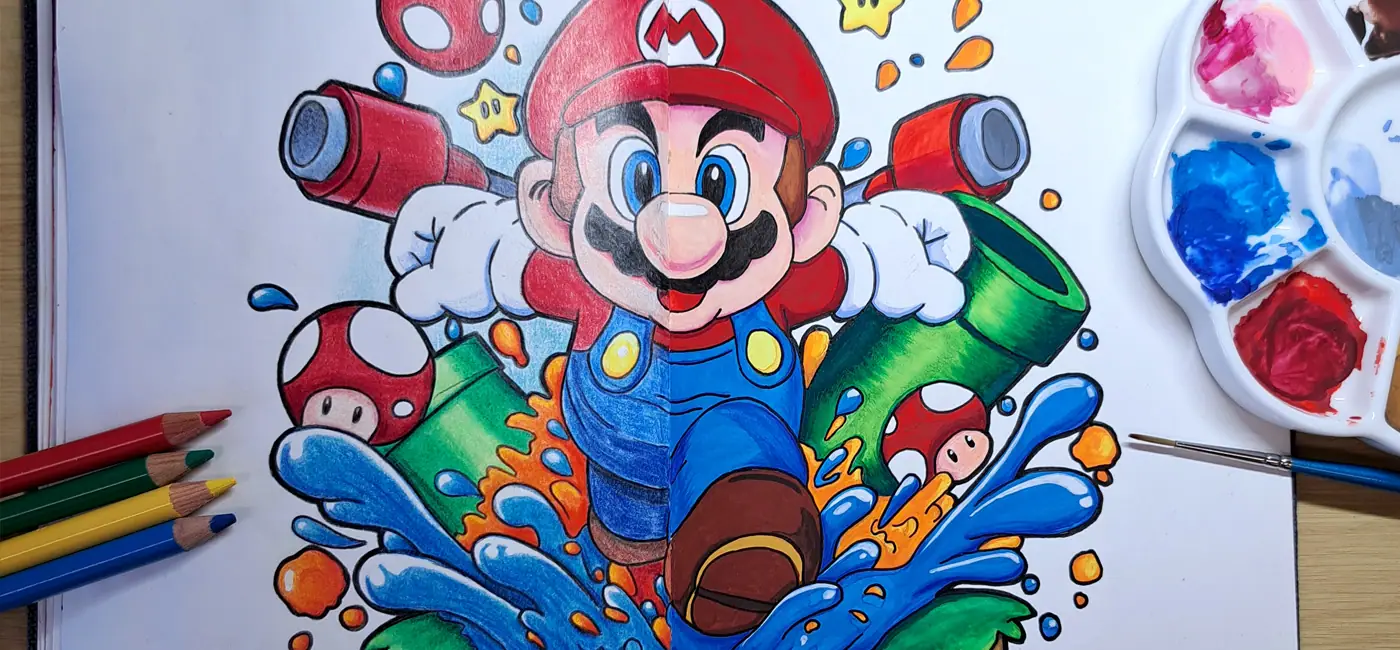 Gros plan fan art Mario crayons de couleurs, palette gouache et pinceau posés à côté, comparaison techniques As de Lune Création