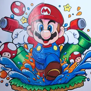 Fan art customisations Mario crayons de couleurs et gouache, double version comparaison techniques, As de Lune Création