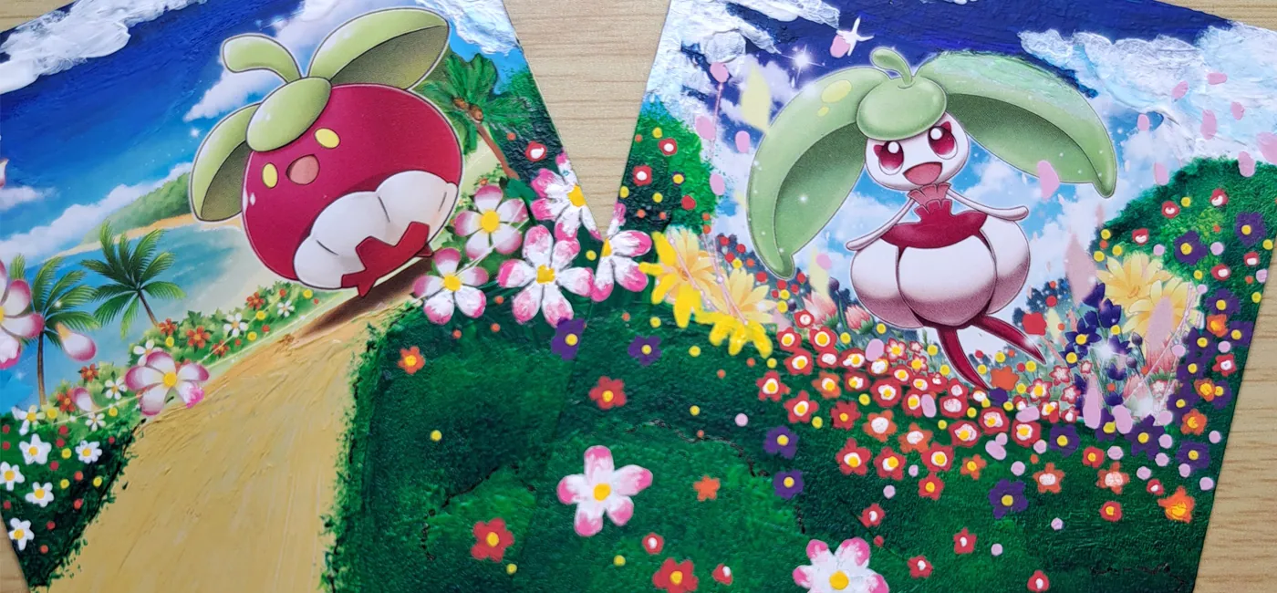 Diptyque cartes Pokemon Croquine et Candine customisées, jardin fleuri peinture acrylique feutre noir