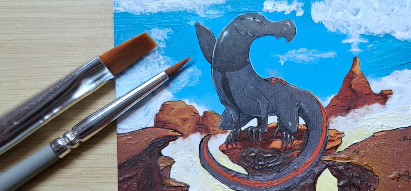 Carte Pokemon Tritox customisée, paysage roches ocres ciel bleu, peinture acrylique feutre noir