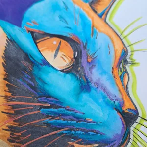 Portrait de chat feutres acryliques et aquarellables, dégradés bleu violet orange, atelier dessins expérimentations As de Lune Création