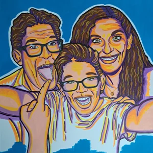 Portrait de famille illustré, peinture acrylique et feutres, style graphique coloré, As de Lune Création