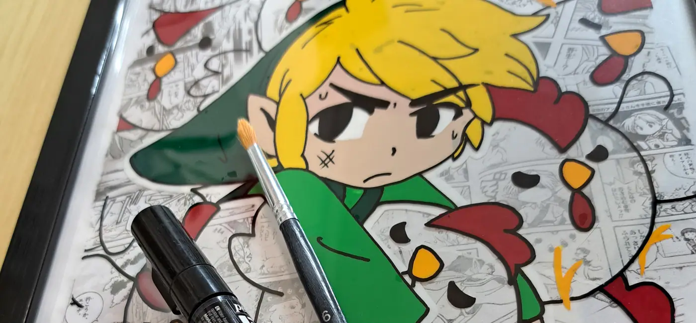 Gros plan fan art Link Zelda et poulets glass painting rhodoid, peinture acrylique feutre acrylique posés devant, fond manga